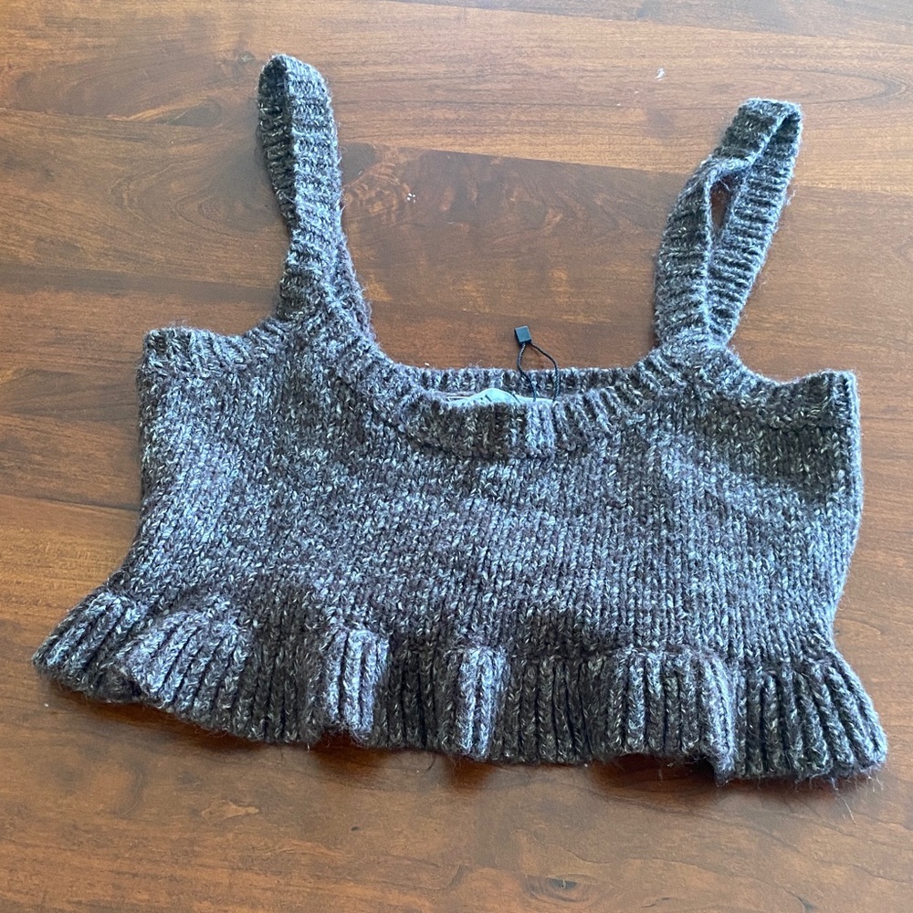 Zara Brown Knit Cropped Sweater Tank with ruffle hem - size Large NWT